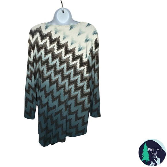 Chicos Tunic Top Size 2 US Large Teal Brown Asymmetrical Herringbone 3/4 Sleeves - Picture 3 of 8